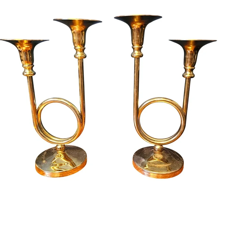 Vintage Brass French Horn Double Candle Holder Pair Gold Candelabra Music Decor